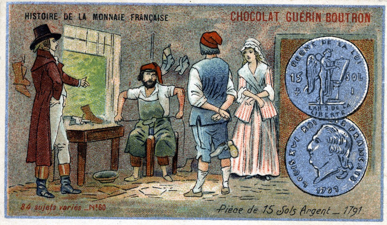 Series Histoire de la Monnaie Française published by Chocolat Guérin Boutron. Chromolithography 19th century. Coins of 15 silver sols in 1791 by Unknown artist