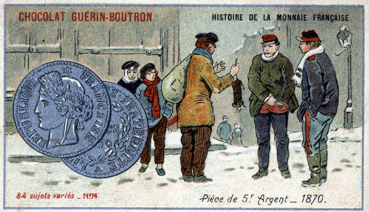 Series Histoire de la Monnaie Française published by Chocolat Guérin Boutron. Chromolithography 19th century. 5 franc silver coin in 1870 by Unknown artist