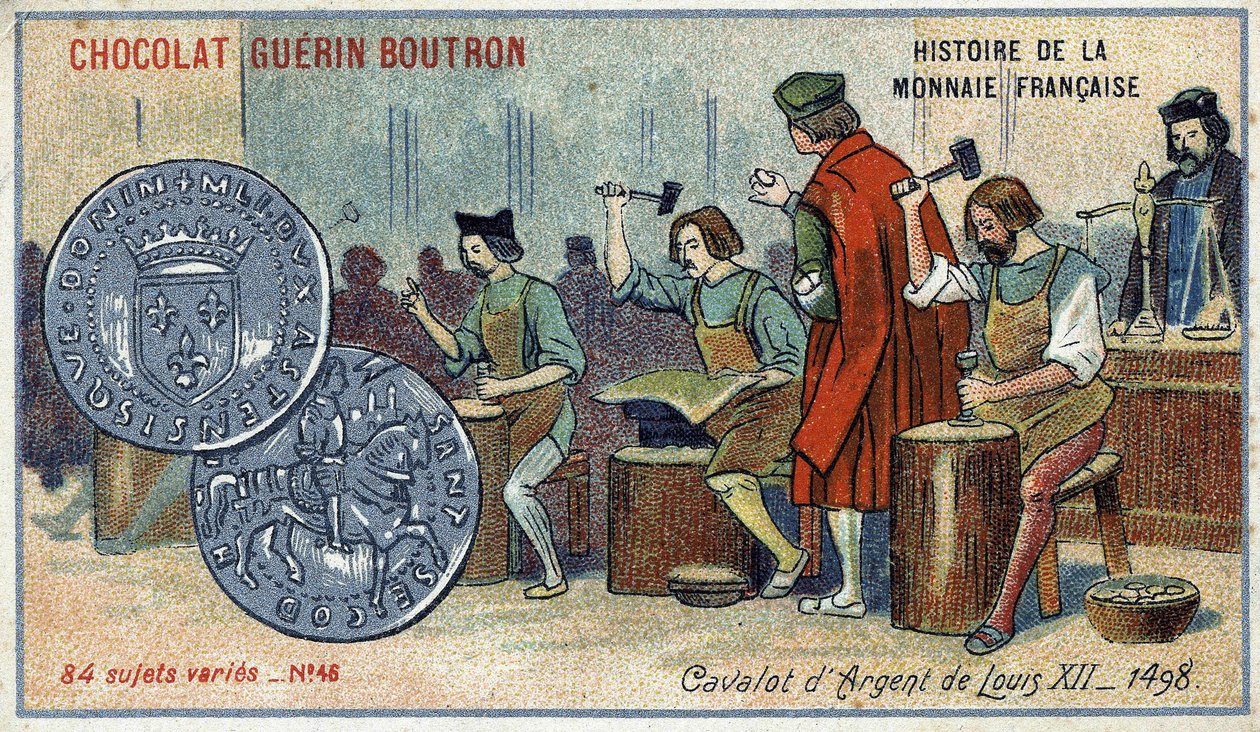 Series Histoire de la Monnaie Française published by Chocolat Guérin Boutron (Chromolithography 19th century). The Silver Cavalot of Louis XII (1498) by Unknown artist