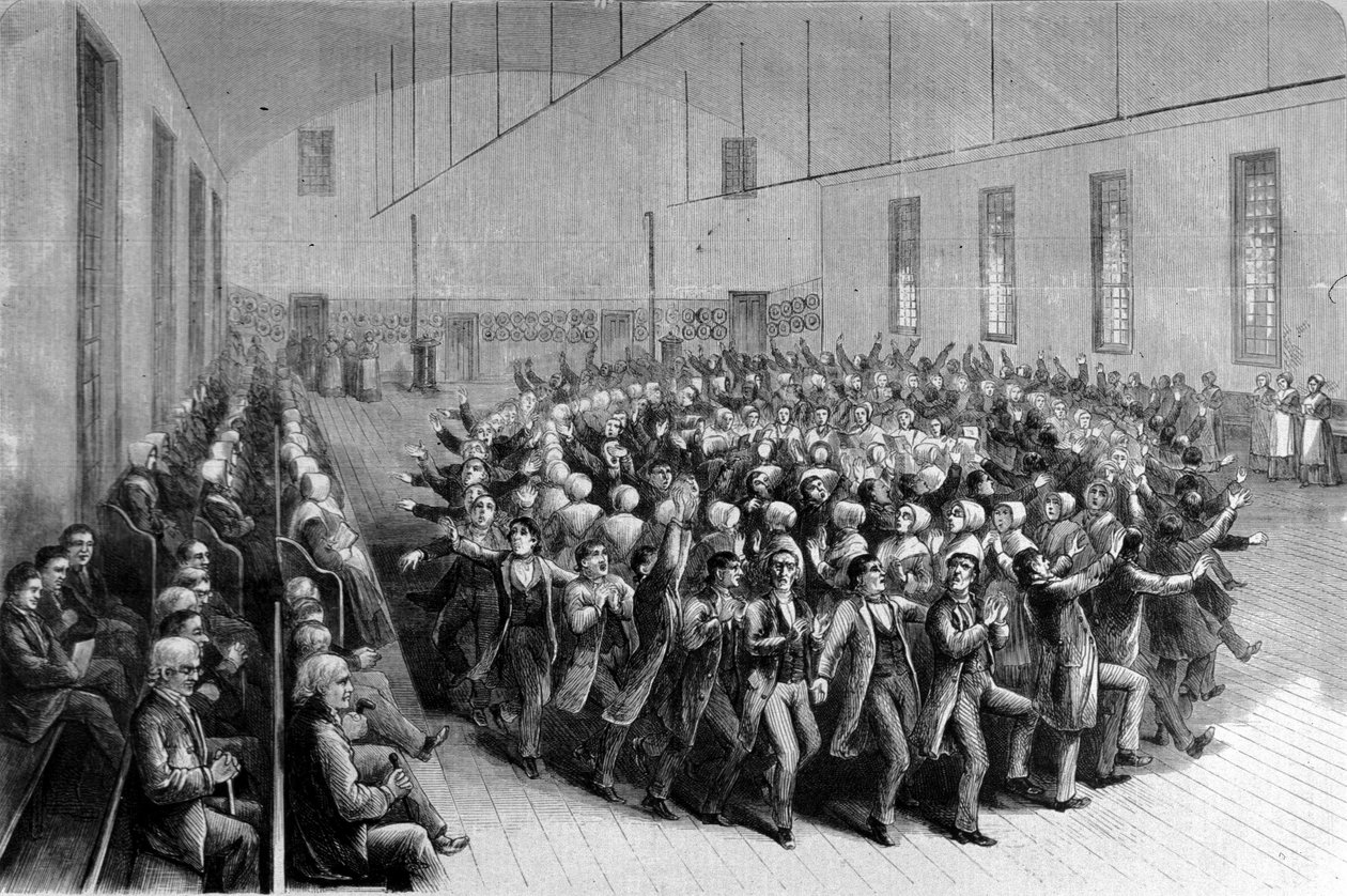 Shaking Quakers religious procession (dance) in New York. Illustration of the 19th century by Unknown artist