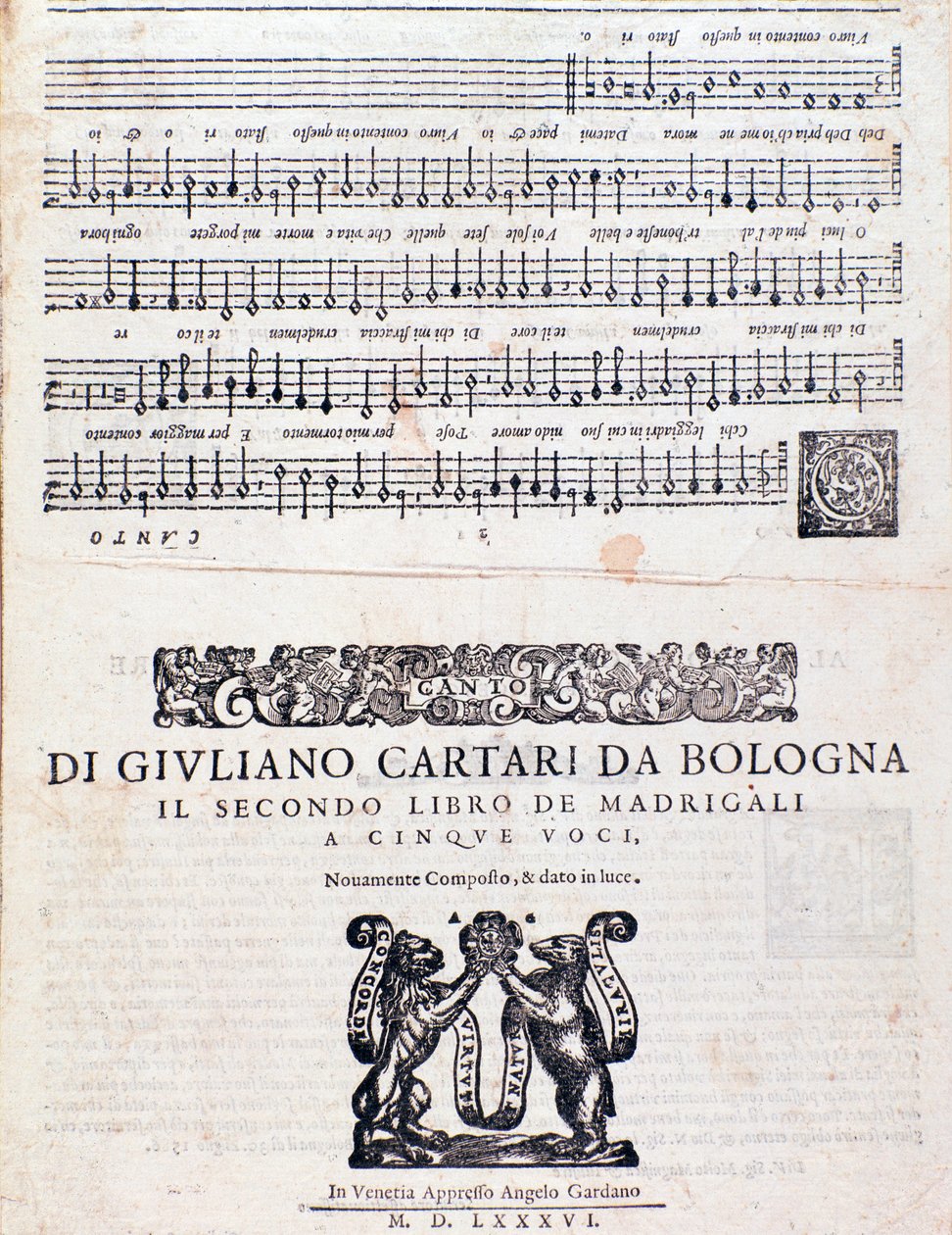 Sheet music page of the Madrigals (2nd book) by Giuliano Cartari of Bologna by Unknown artist