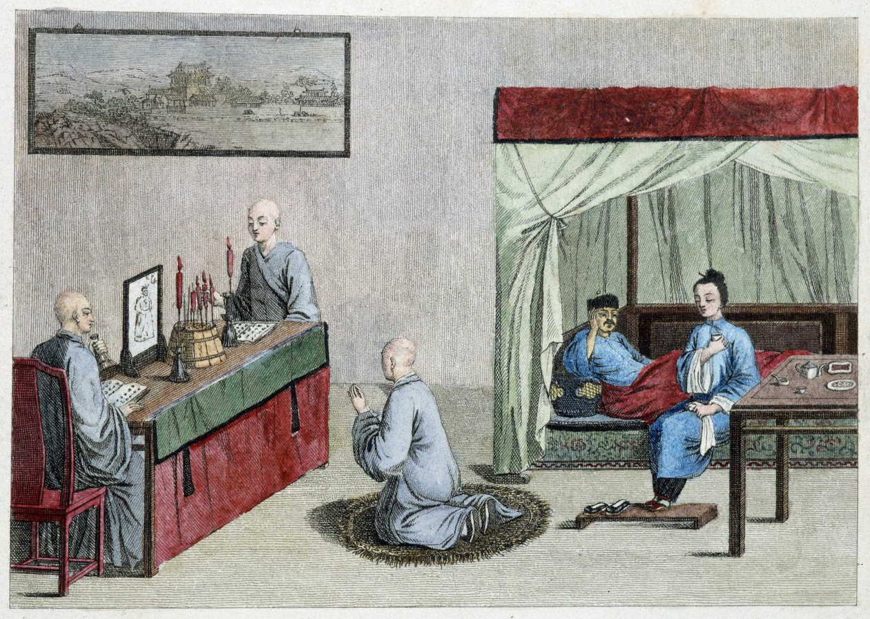 Sick Man in Bed and Prayer of Monks - China by Unknown artist