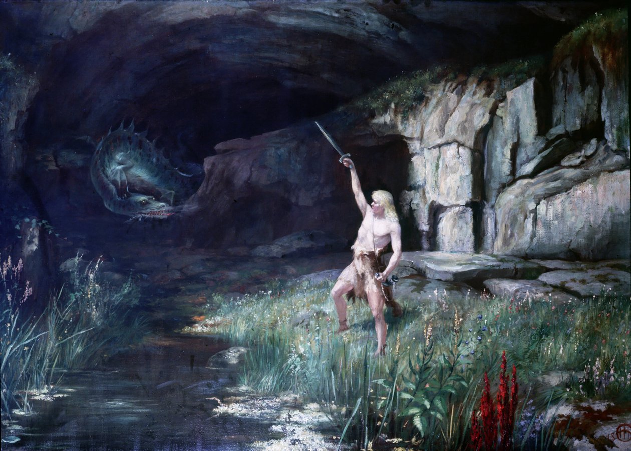 Siegfried, facing the dragon Fafner, waved his sword. Stage of the Opera 