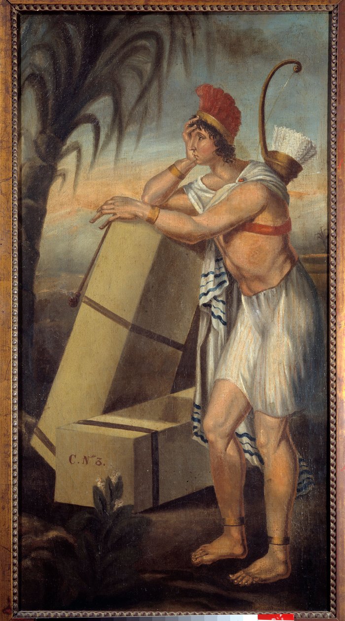 Sign of tobacco dealers representing an American Indian leaning on boxes of tobacco by Unknown artist