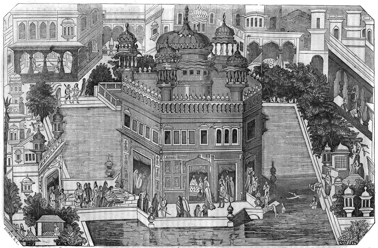 Sikhism: view of the Golden Temple (Harmandir Sahib), the cultural center of Sikh religion, the basin and the city of Amritsar in the state of Indian Panjab (Kingdom of Lahore). In The picturesque store 1836 by Unknown artist