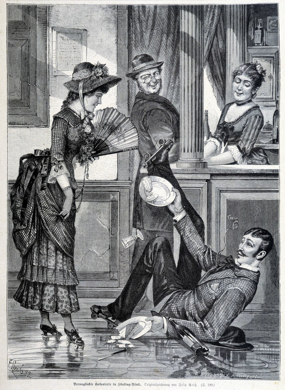 Skating scene in a brewery. A boy falls and breaks the plates he was wearing (1883) by Unknown artist