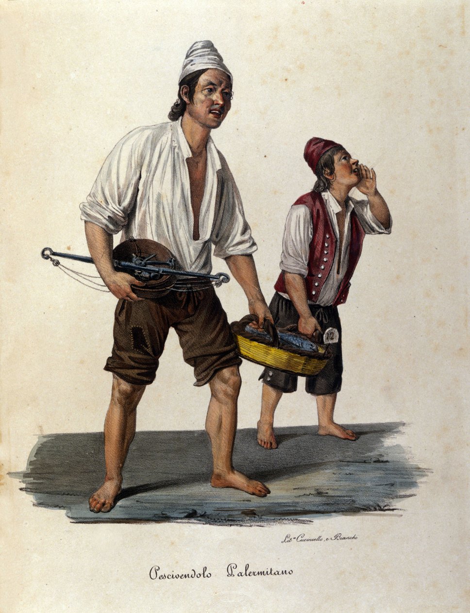 Small street trade: sellers of walking fish. Sicily engraving of the 19th century by Unknown artist