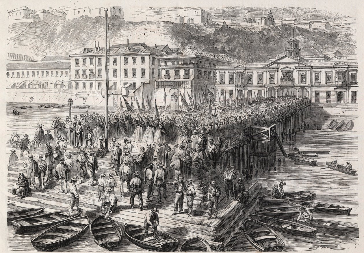 South American Hispano War between Chile and Spain, September 1865: the ladies of Valparaiso, in the presence of the Spanish squadron blocking the port, sing patriotic hymns - Engraving in 