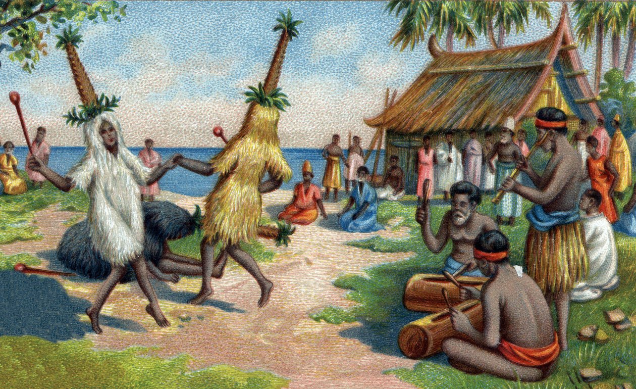 South Pacific Island dancers: they wear clothing made of hummingbird feathers, cockatoos and Paradise birds at religious ceremonies by Unknown artist