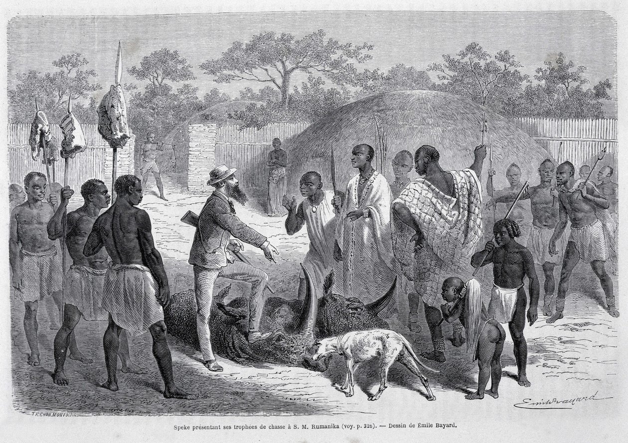 Speke presenting his hunting trophies to S.M. Rumanika - in Tour du Monde by Unknown artist