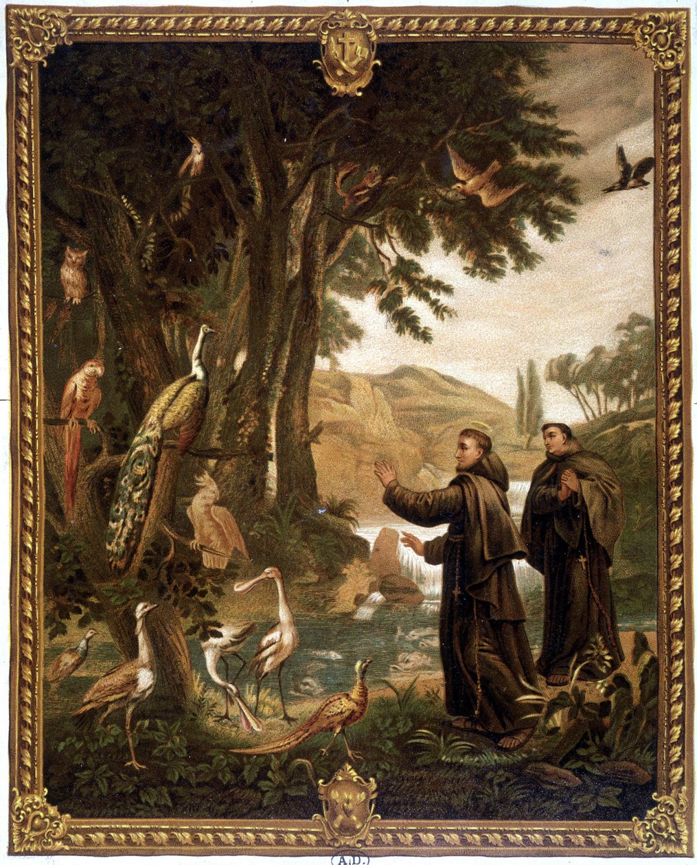 St. Francis of Assisi talking to birds - 19th century chromo reproducing an 18th century painting by Unknown artist