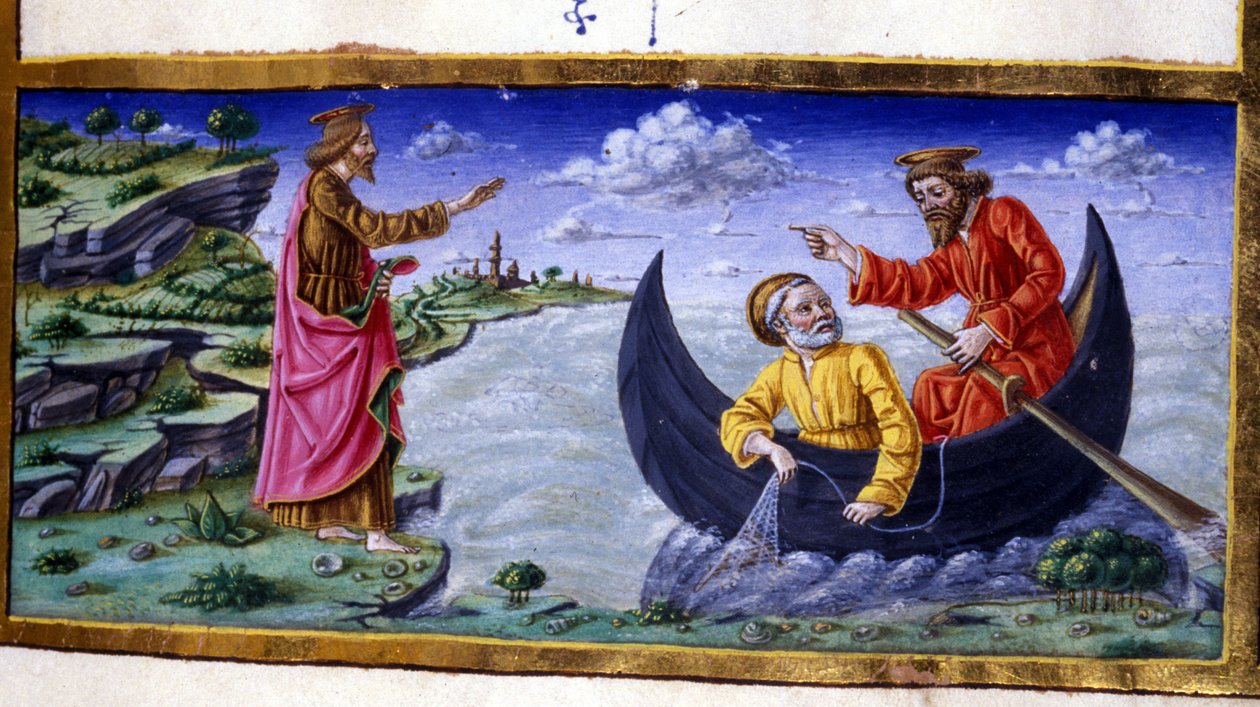 St. Peter: Fishing on Lake Tiberias. Miniature of the 15th century. Milan, Biblioteca Trivulziana. by Unknown artist