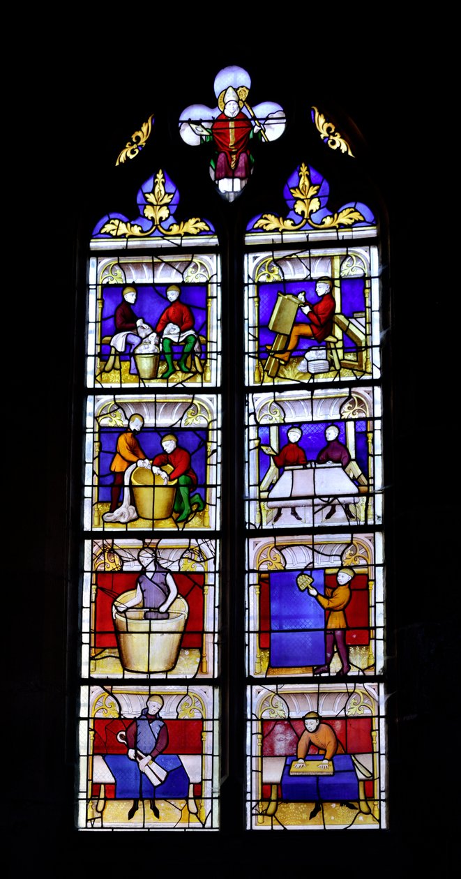 Stained Window Showing the Making of Cloth, Mid 15th Century - Chapelle Saint Blaise of the Church Collegiale Lady of Semur-en-Auxois, Burgundy by Unknown artist
