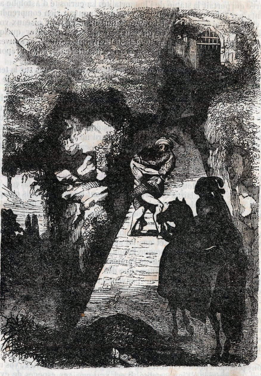 Struggle between Roland and Rodomont - engraving of 1851 from 