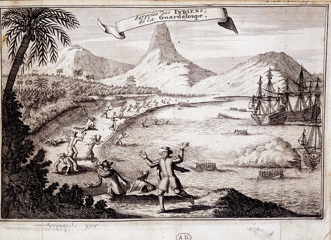 Surprise of the Indians at the landing of Christopher Columbus in Guadeloupe (caravels) - engraving by Unknown artist