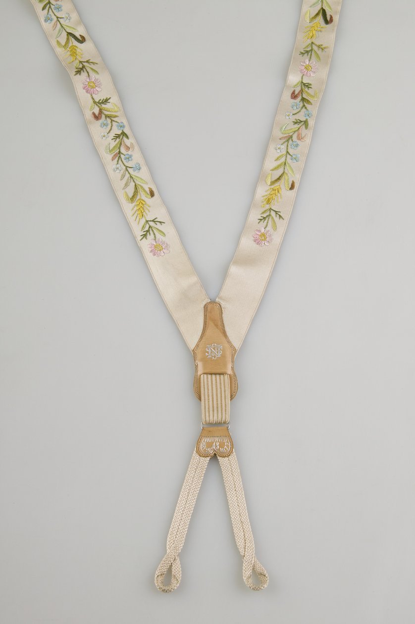 Suspenders, c.1880, Emroidered white satin, leather, silver, Maker unknown by Unknown artist