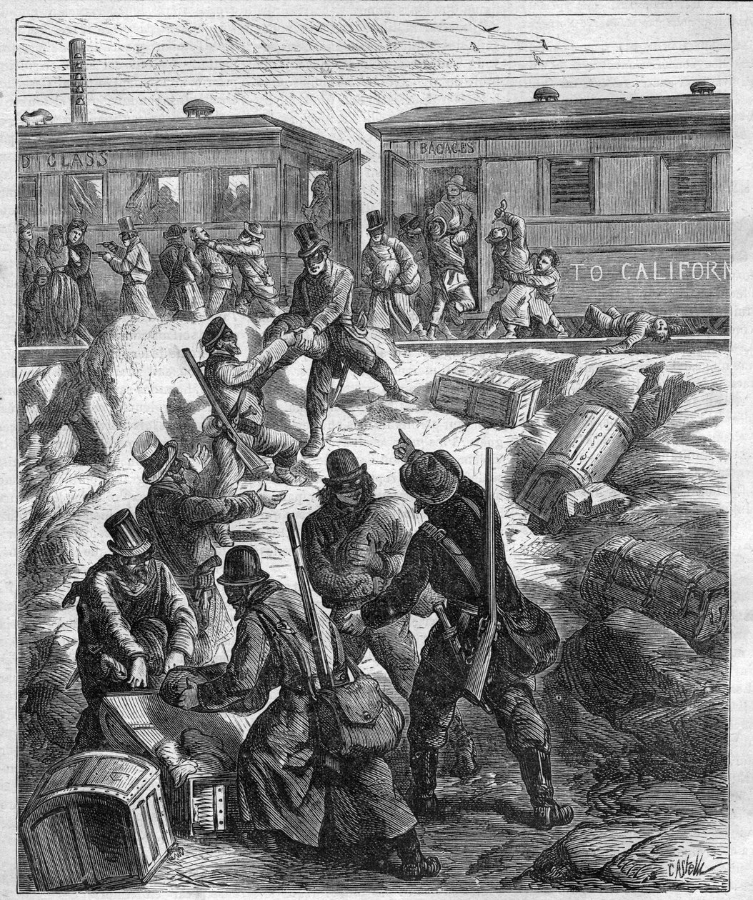 The Attack of the Far West Train - the Pacific Railway - train attacked by masked brigands - engraving of 1887 by Unknown artist