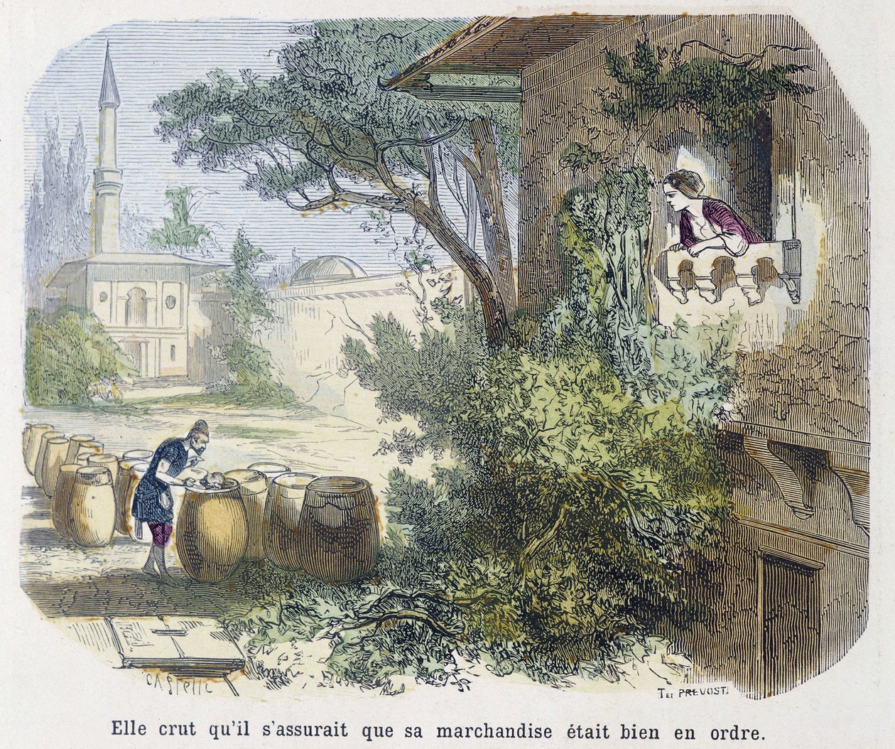 Tale: she believed that he was making sure that his goods were in order - in The Thousand and One Nights, ed. Emile Guérin, told by Md Bondet, Paris, n.d. by Unknown artist