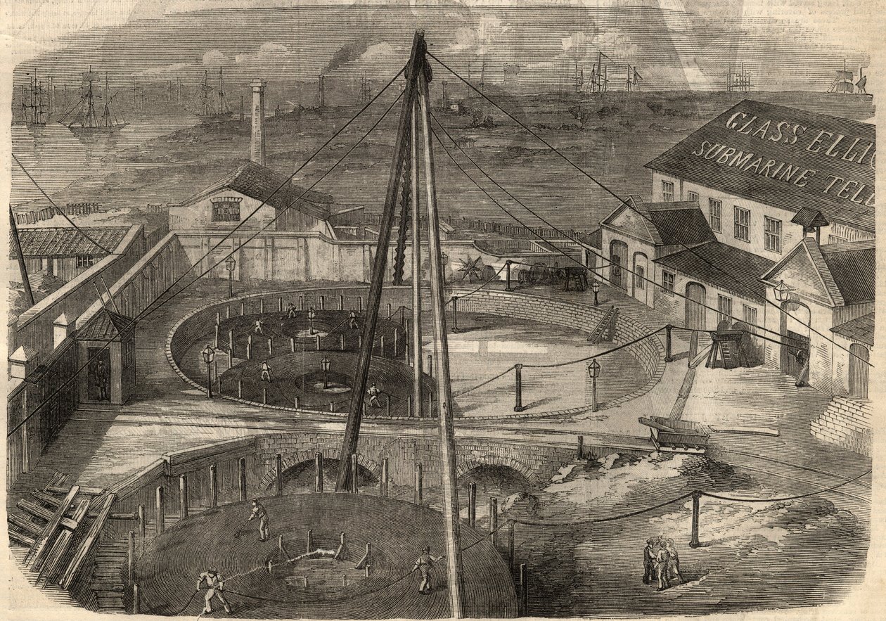 Telegraphy: The Transatlantic Cable Produced at the Glass Factory, Elliot and Company in East Greenwich is Ready to be Delivered. Engraving in 