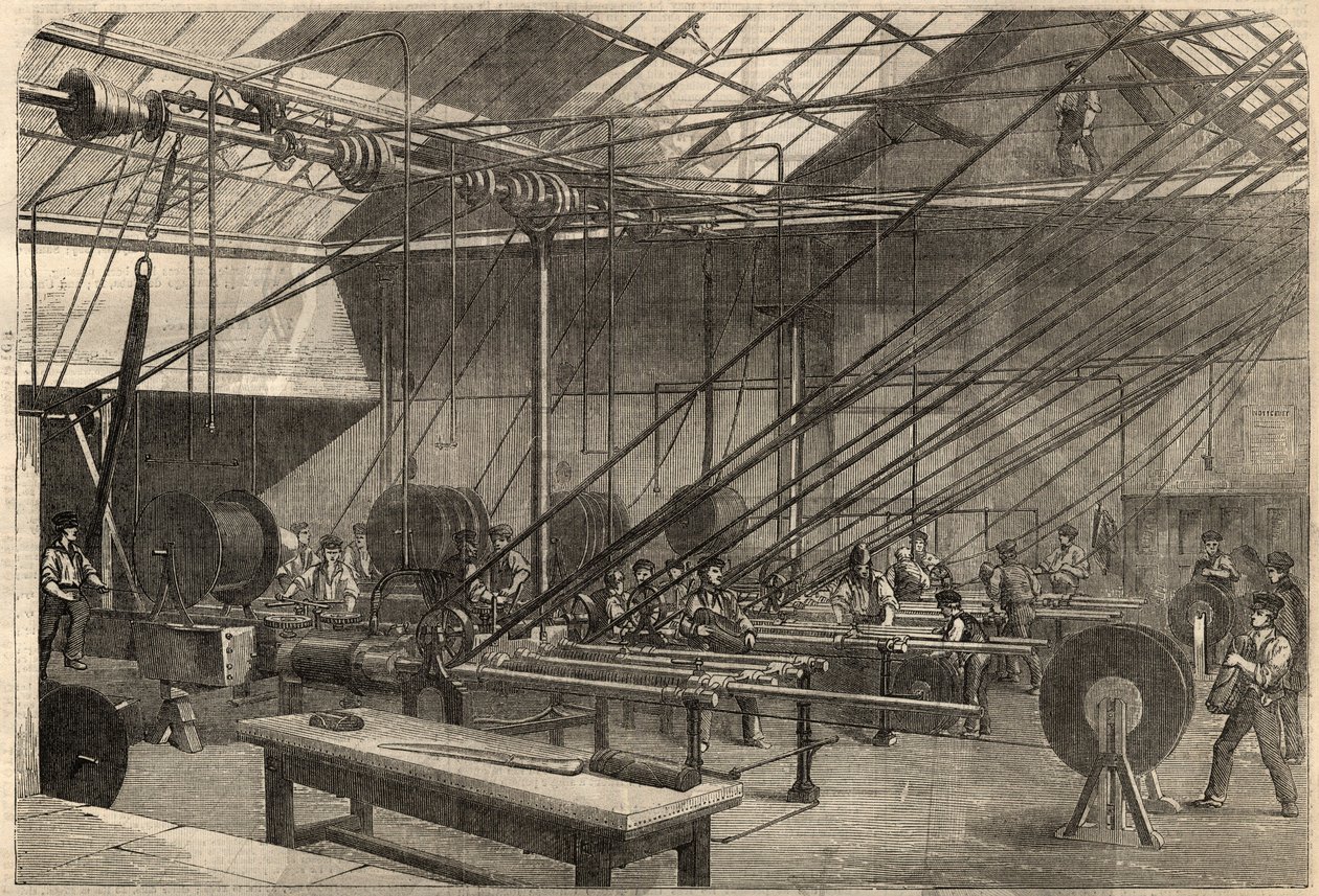 Telegraphy: manufacture of transatlantic cable. Machines coating the gutta percha cable in the Glass, Elliot and Company factory on Wharf Road in London, England. Engraving in 