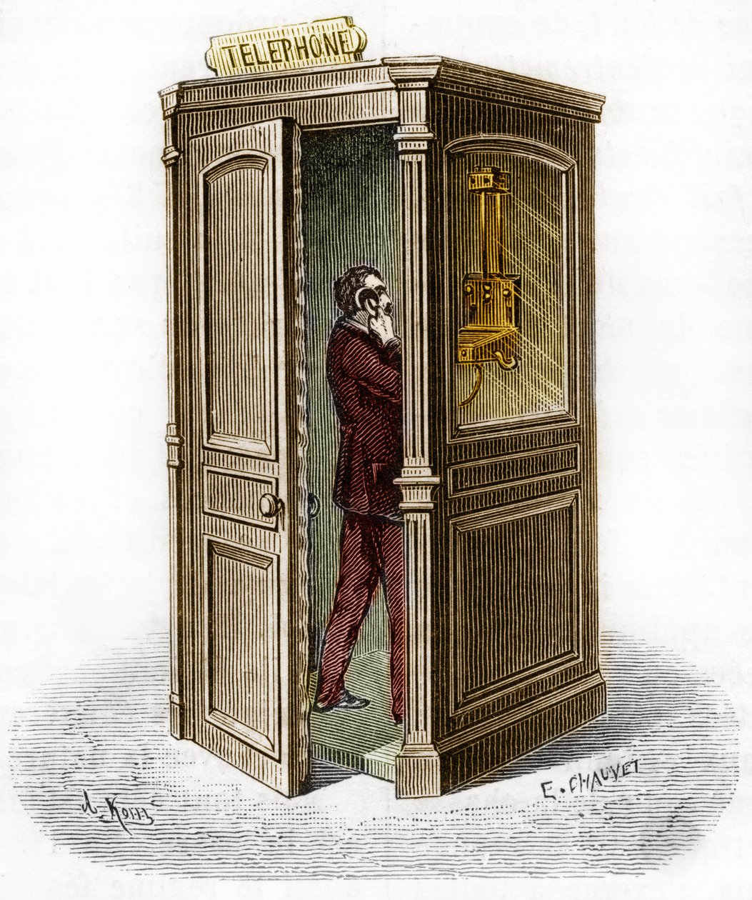Telephone booth in 1888. Engraving in The Journal of Youth by Unknown artist
