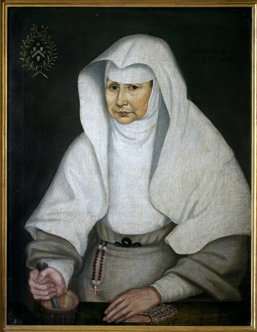 The Apothecary Sister Pierrette Monnet (1557-1628), of the Hotel Dieu de Beaune. Represented with a mortar and his pestle has his hand. Anonymous painting by Unknown artist