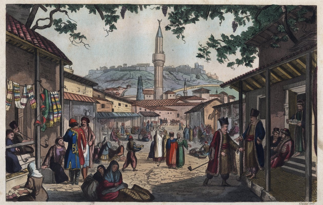 The Athens Bazaar Market in the Early 19th Century - engraving from 
