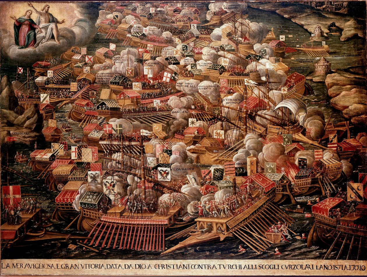 The Battle of Lepanto off the coast of Greece opposed a Spanish, Venetian and Pope forces to the Ottomans in 1571. Anonymous painting. 16th century. Venice Museo Correr by Unknown artist