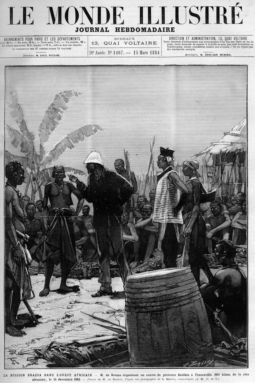 The Brazza Mission in West Africa: Pietro Paolo Savorgnan di Brazza or Pierre Paul Francois Camille Savorgnan de Brazza (1852-1905) organizing a convoy of Batekes carriers to Franceville (Gabon) on December 14 by Unknown artist