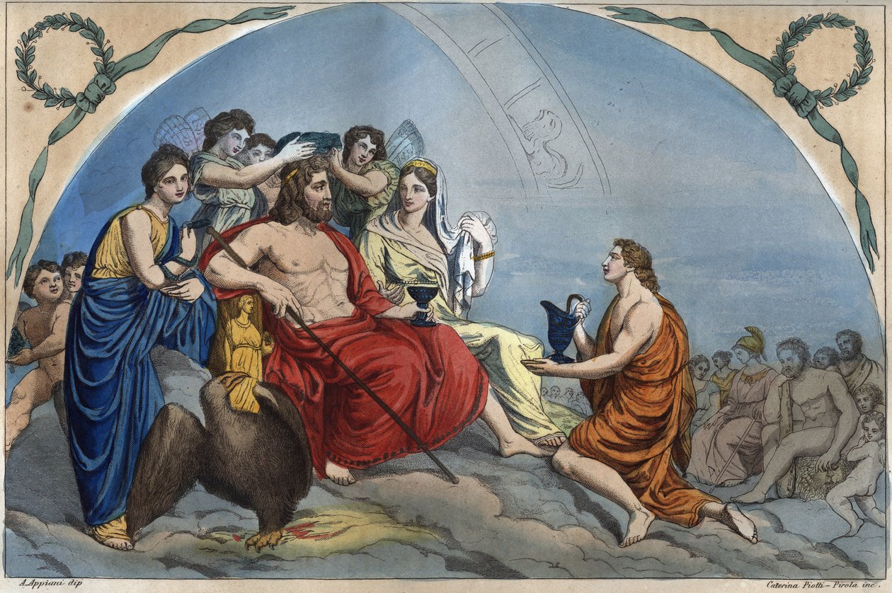 The Council of the Gods: Zeus on Olympus Surrounds Divinities - Engraving from 