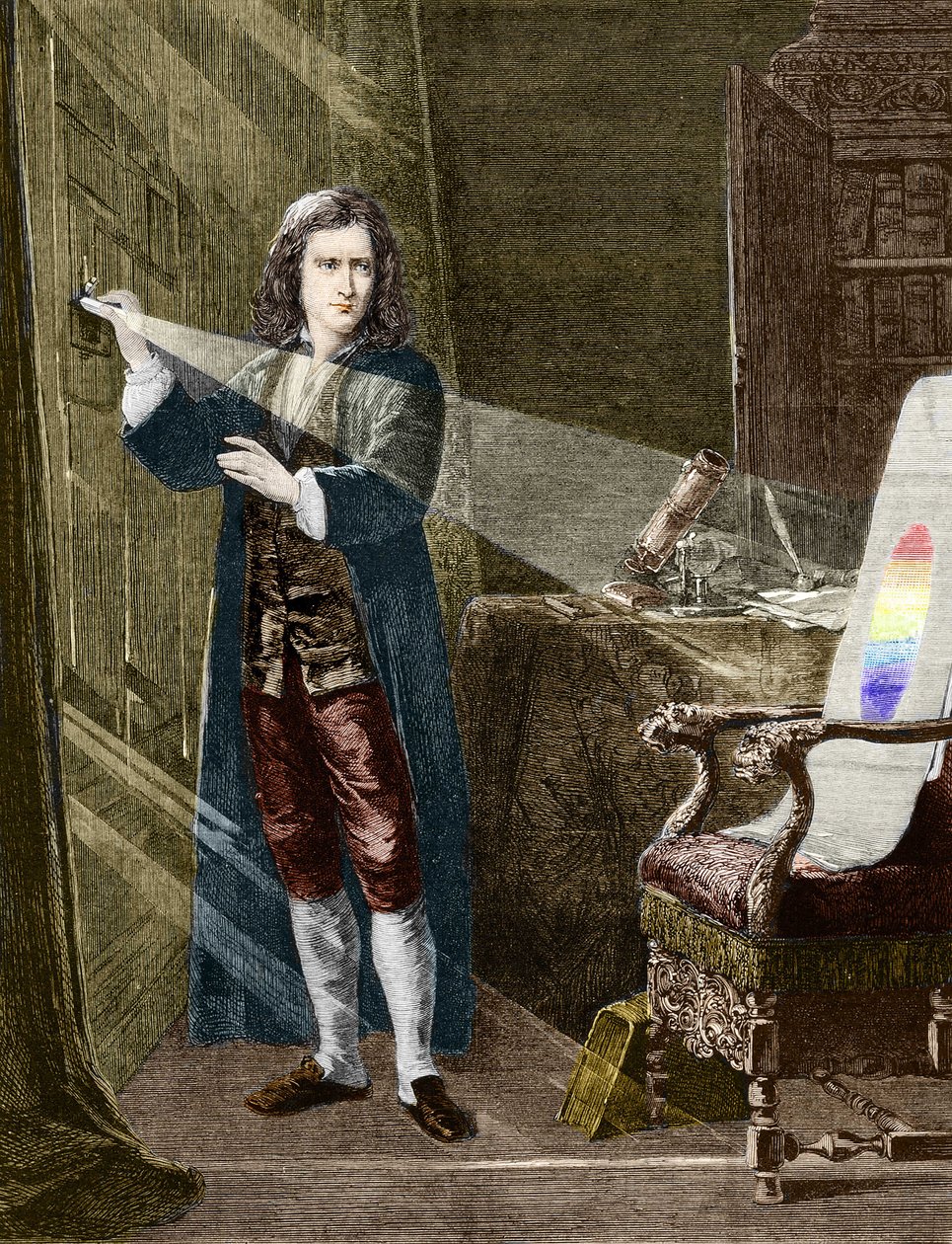 The English physicist Isaac Newton (1642-1727) decomposing light with a prism of glass. Engraving from 1880 by Unknown artist