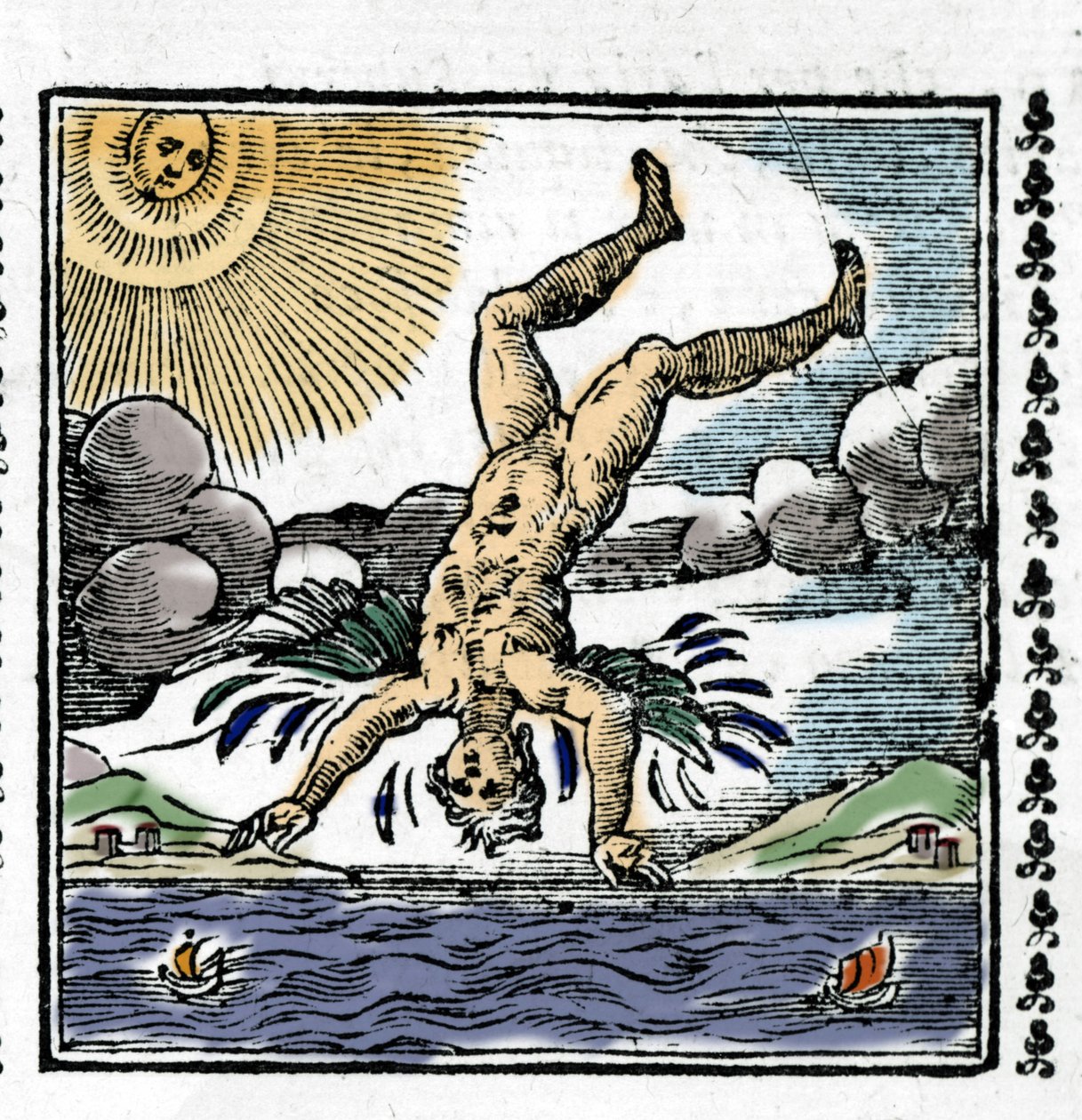 The Fall of Icarus. Colourful Xylography. 16th century by Unknown artist