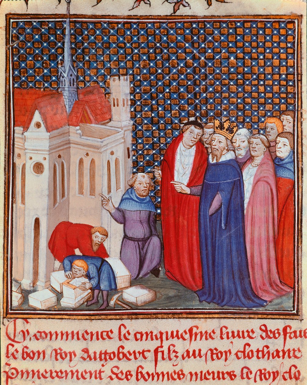 The Frankish King Dagobert I of the Merovingian dynasty overseeing the construction of a building. Miniature from 