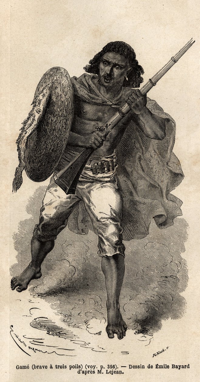 The Game, or Brave Has Three Hair, Abyssinian Gun Soldier. Engraving to illustrate the voyage in Abyssinia, in 1862 by Guillaume Lejean, in Le tour du monde, nouveau journal des voyages published under the direction of Edouard Charton by Unknown artist