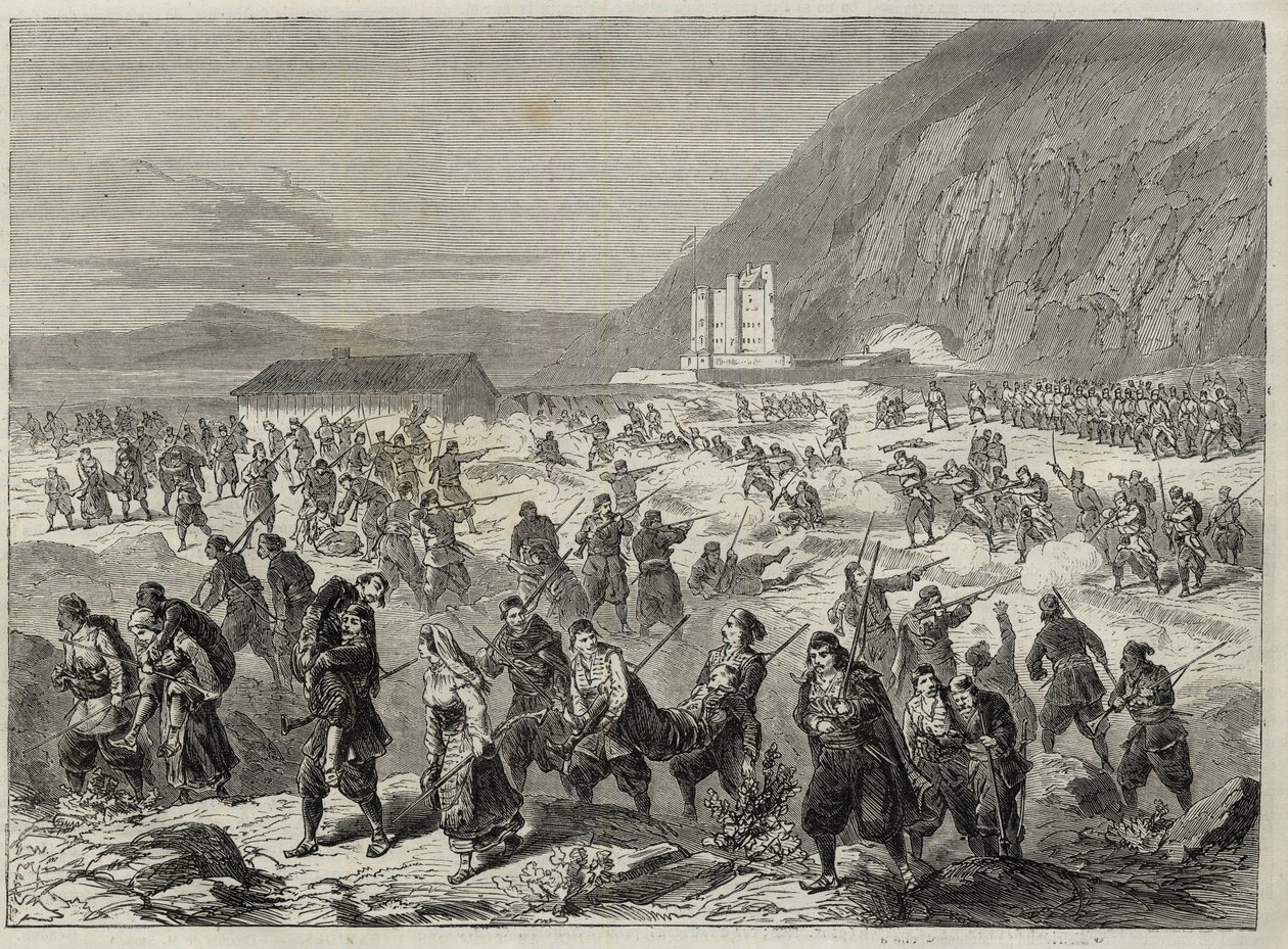 The Insurrection in Dalmatia - insurrection against conscription imposed by the Austrian government - Dalmatia events. Insurgents attacking the State Trinita Fort, near Kotor - Bay of Kotor - 1869 by Unknown artist