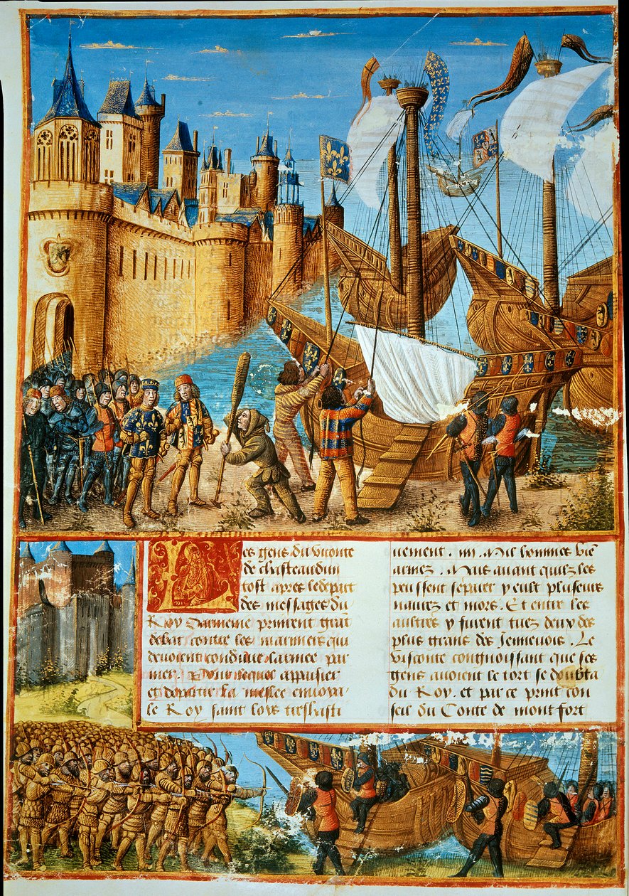The King of France Louis IX (Saint Louis) embarking on the seventh crusade. Miniature from 