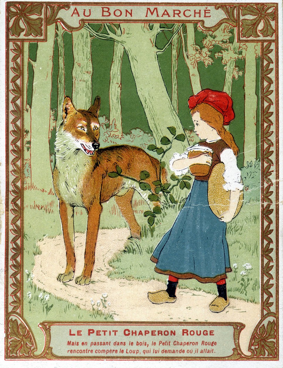 The Little Red Riding Hood meets the wolf - Bon Marché advertising label by Unknown artist