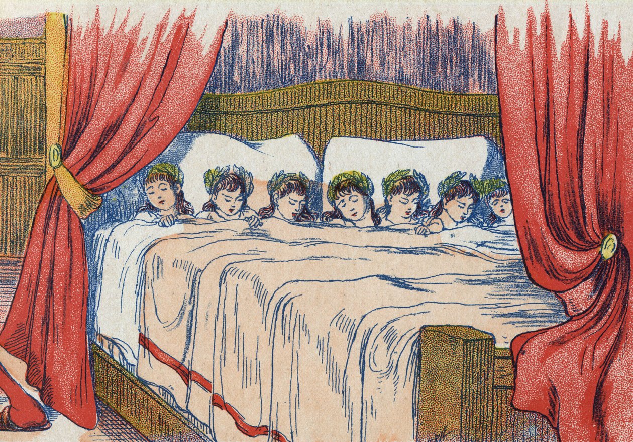 The Little Thumb and his brothers sleep, crown on his head. Illustration for 