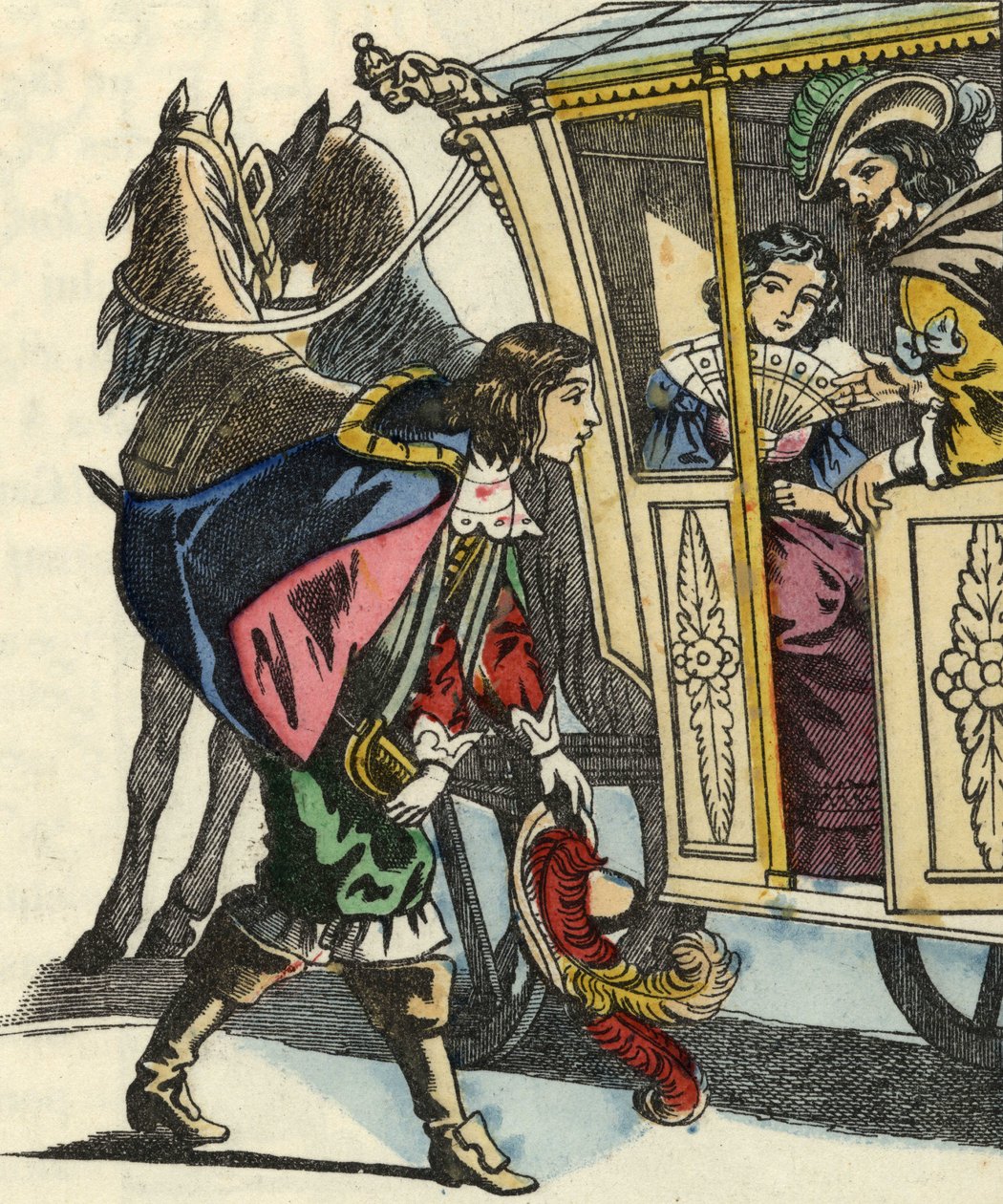 The Marquis of Carabas greets the king and the princess in their carriage. Illustration of the tale 