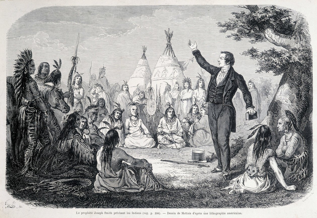 The Mormon Prophet Joseph Smith Preaching to the Indians (North America). 19th Century Illustration by Unknown artist