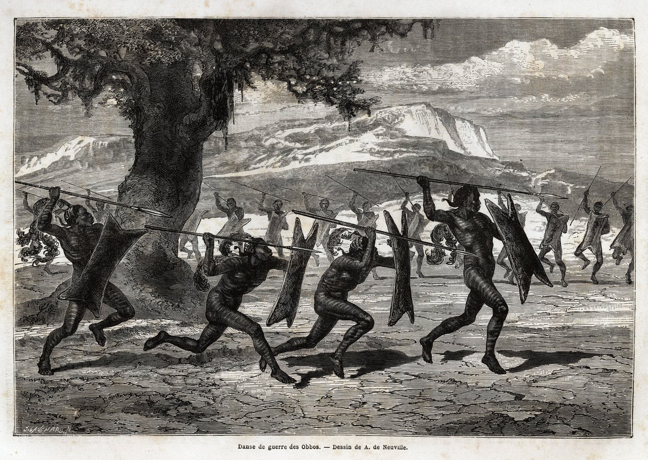 The Obbos (tribe of Uganda) performing a war dance. Engraving to illustrate the voyage to Lake Albert, in 1861-1864, by Sir Samuel White Baker, in 