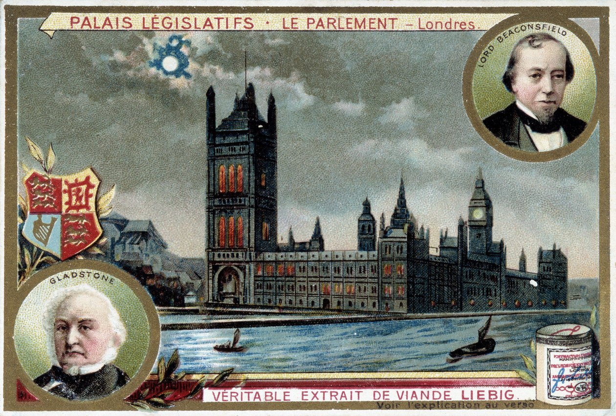 The Palace of Westminster, or Parliament of London (England), with Portraits of William Ewart Gladstone (1809-1898) and Benjamin Disraeli, Lord Beaconsfield (1804-1881) - Liebig Chromolithography by Unknown artist