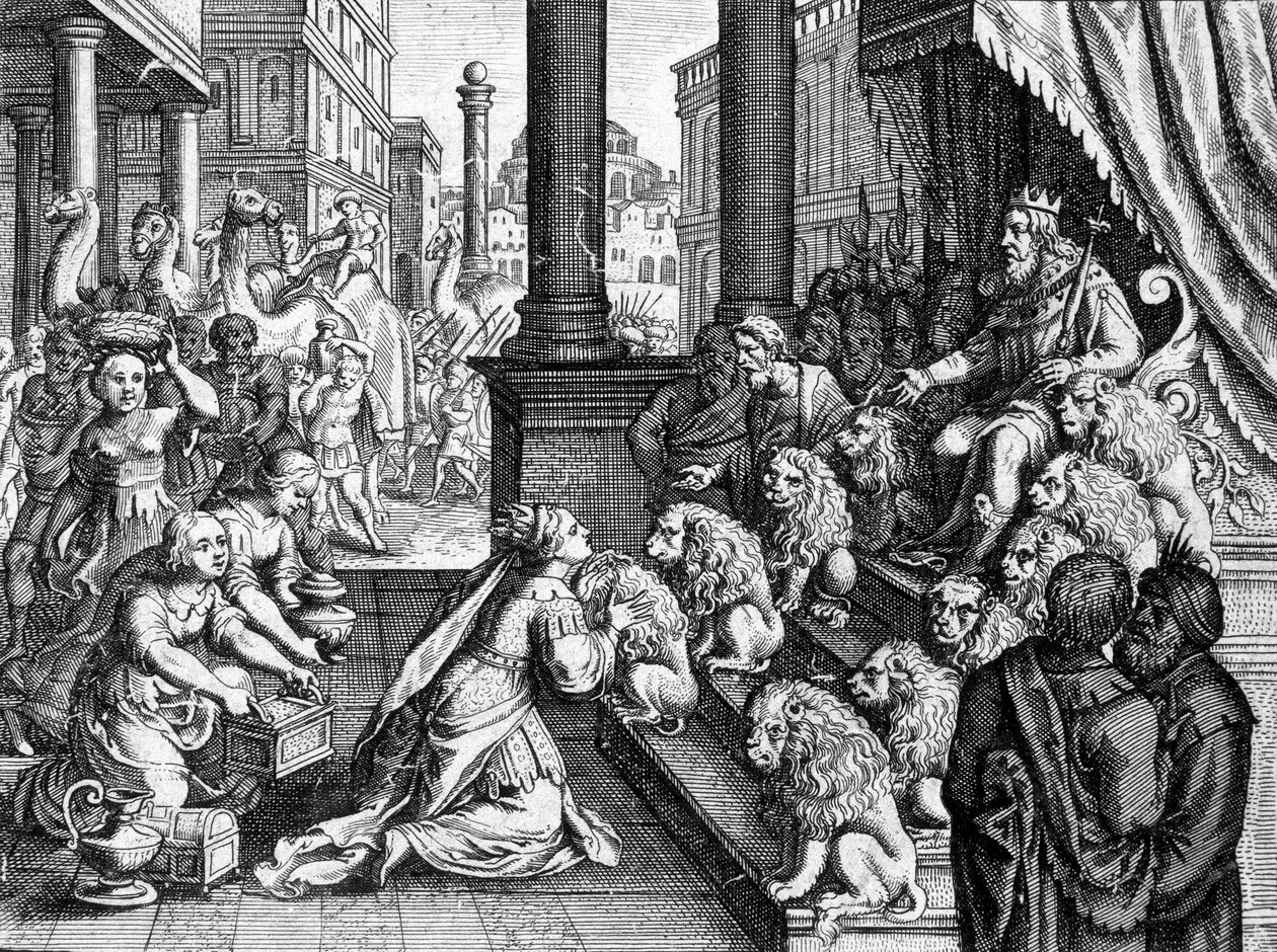 The Queen of Sheba before King Solomon - engraving from a 17th century bible by Unknown artist