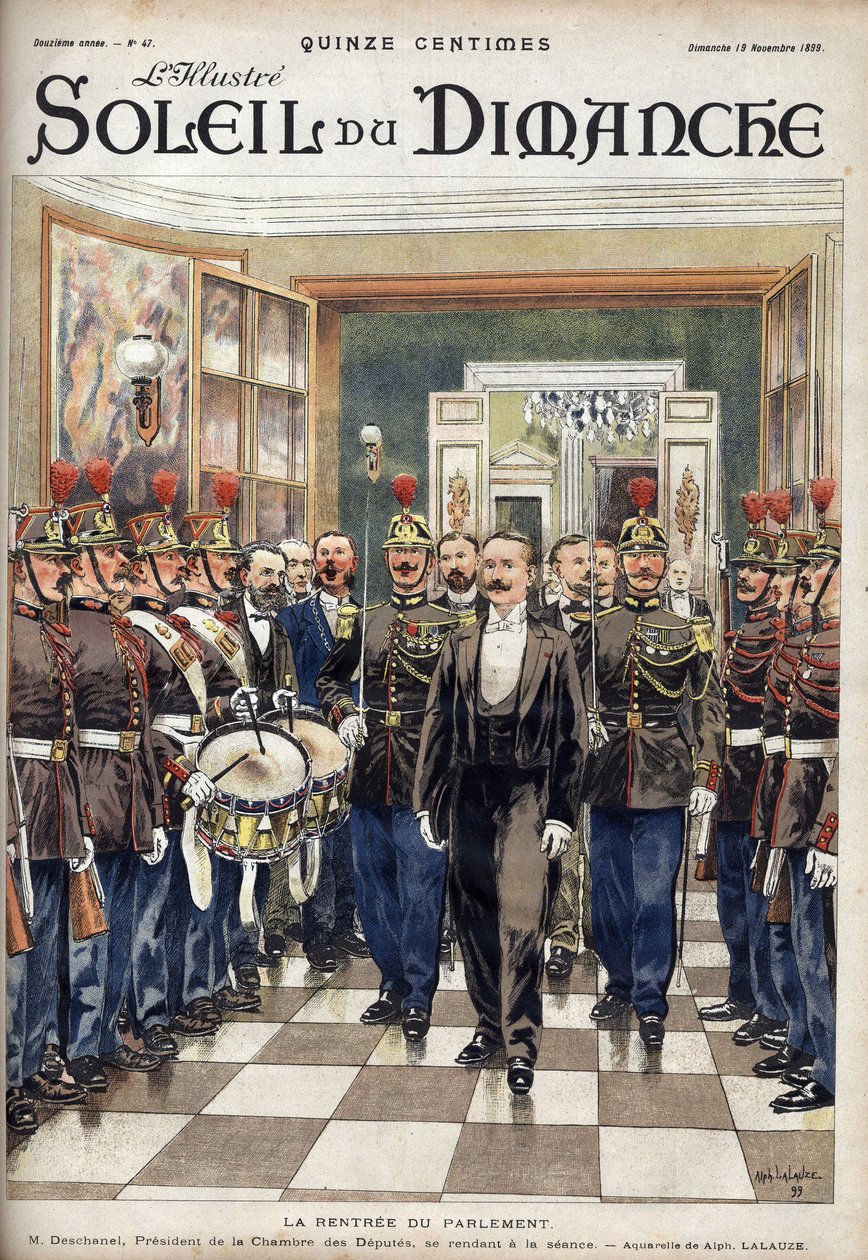 The Rentree of Parliament; Mr. Paul Deschanel, Speaker of the House of Deputes attending the sitting. Engraving in Le sun-du-dimanche, November 19 by Unknown artist