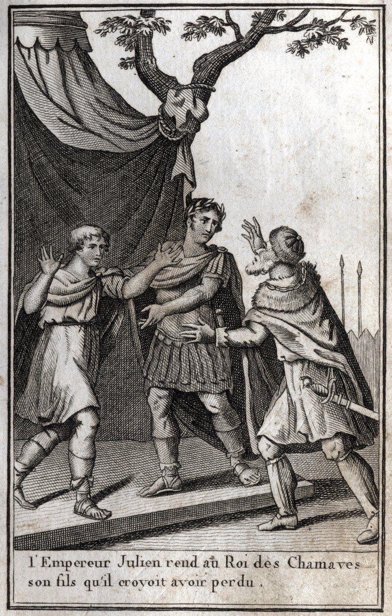 The Roman Emperor Julian (Flavius Claudius Julianus, Julian the Apostate, Julian the Philosopher, Julian II) (332-363) gives back to the king of the Germanic people of the Chamaves his son whom he thought he had lost. 4th century. Engraving in Beaute de l by Unknown artist