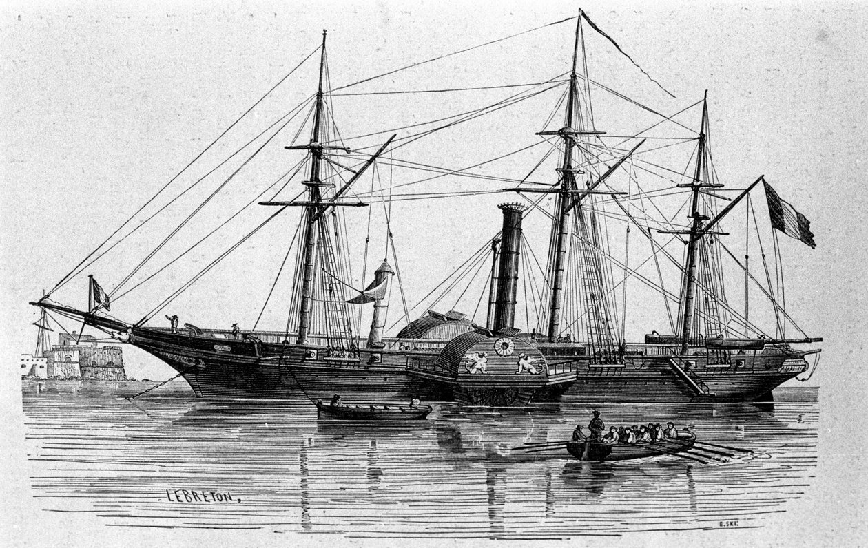 The Sphinx, the first steamboat of the French navy built in 1830. Engraving of the 19th century by Unknown artist