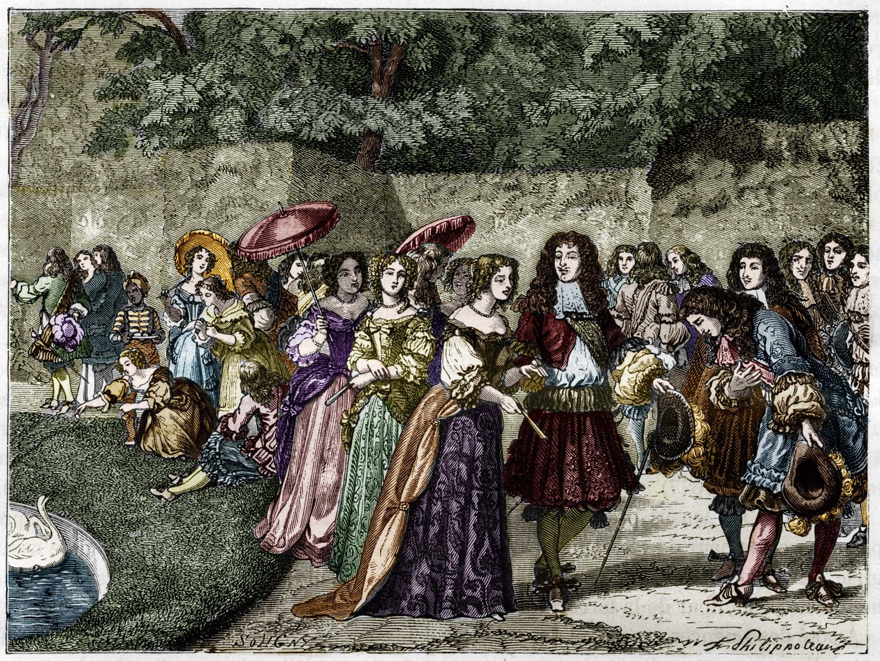 The Sun King (Louis XIV in the gardens of Versailles surrounds his courtyard). Engraving of the 19th century. by Unknown artist