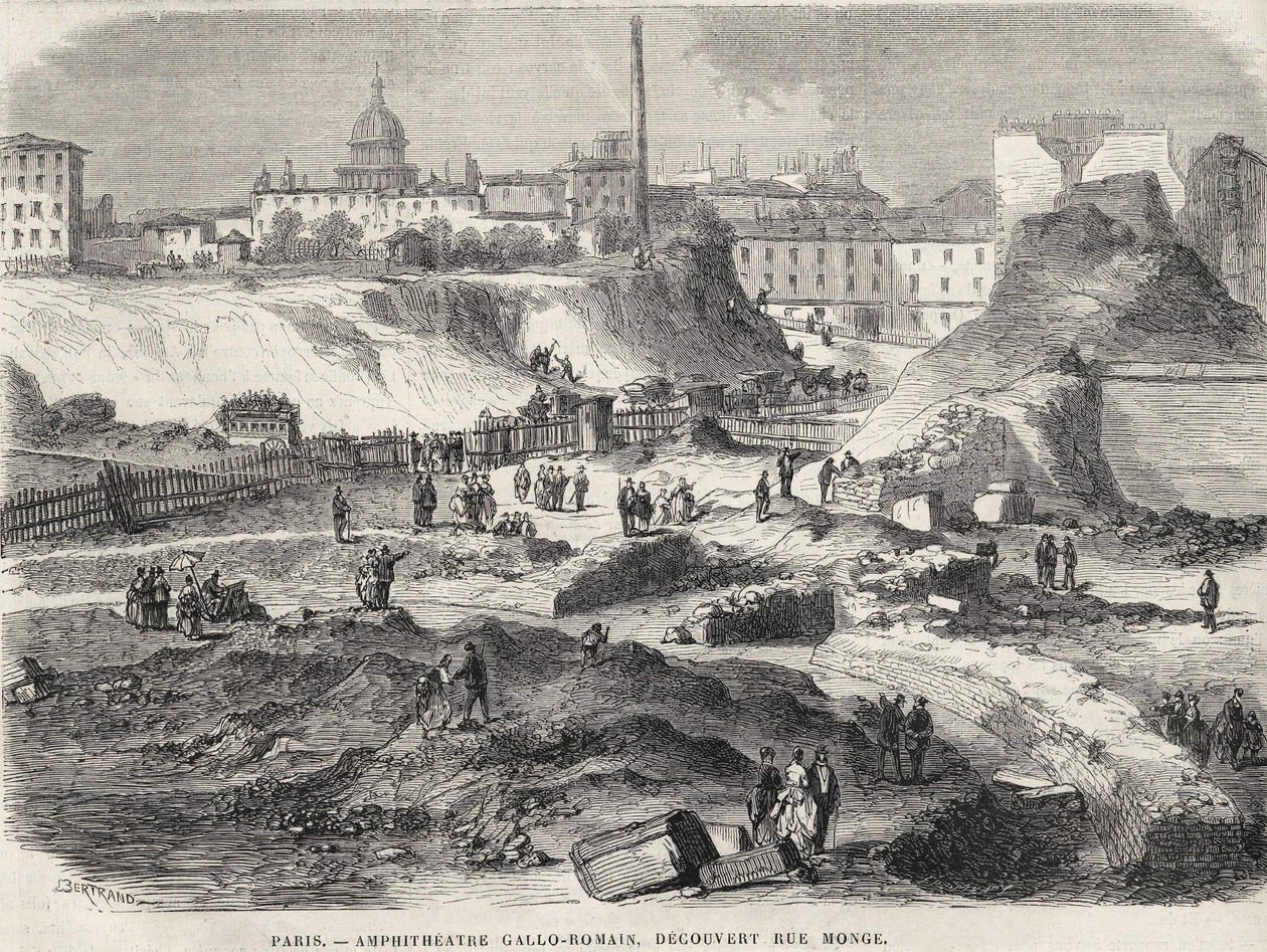 The Amphitheatrist Gallo Romain Discovered at Rue Monge in Paris in 1870, Today the Arenes de Lutèce. Engraving of the 19th Century by Unknown artist