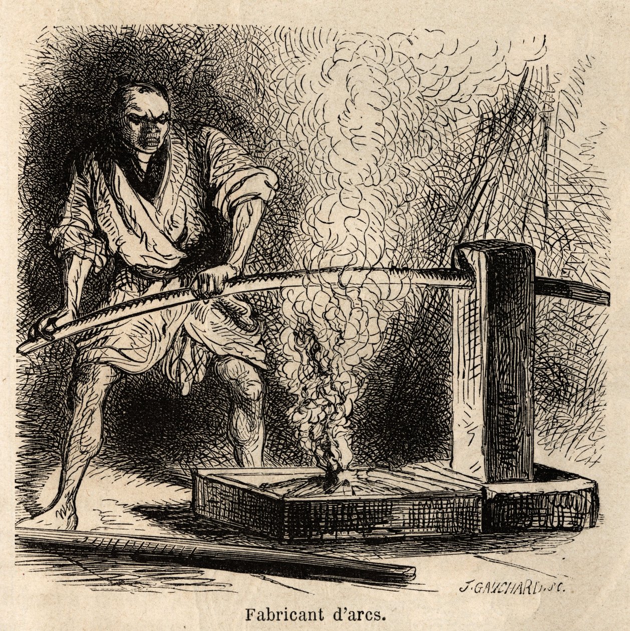 The arcs manufacturer in his workshop, exposes the wood to the flame of a fire of chips, to give them the necessary fold of their curvature. Engraving to illustrate the journey to Japan, by Aime Humbert, minister of the Swiss Confederation, in 1863-1864, p by Unknown artist