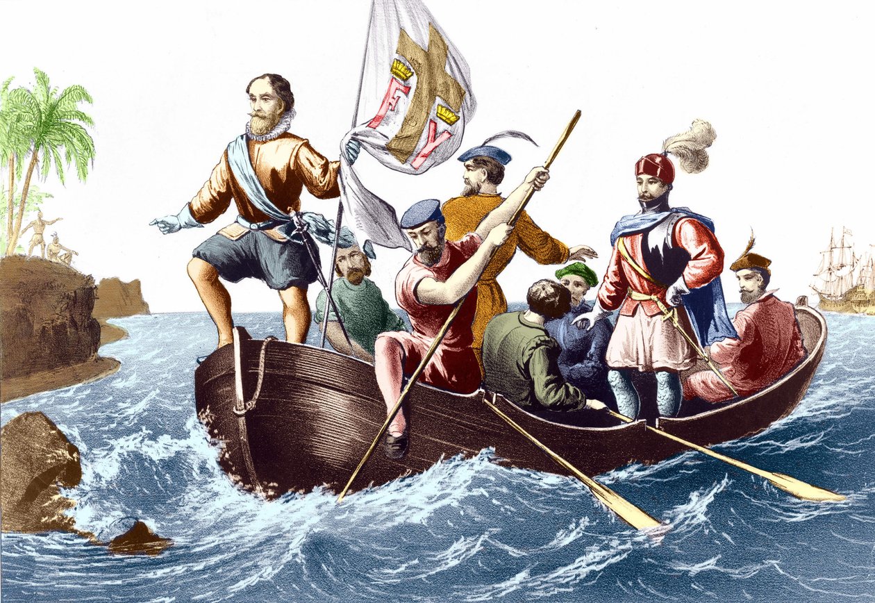 The arrival of Christopher Columbus in San Salvador on 12/10/1492. Engraving c. 1876 by Unknown artist